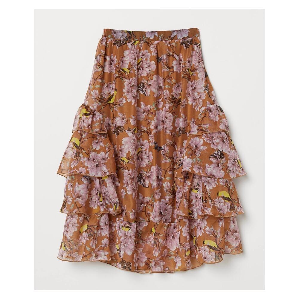H&M Floral Ruffle Midi Skirt Brown Pink Butterfly Cottagecore Fairycore 0 Fall